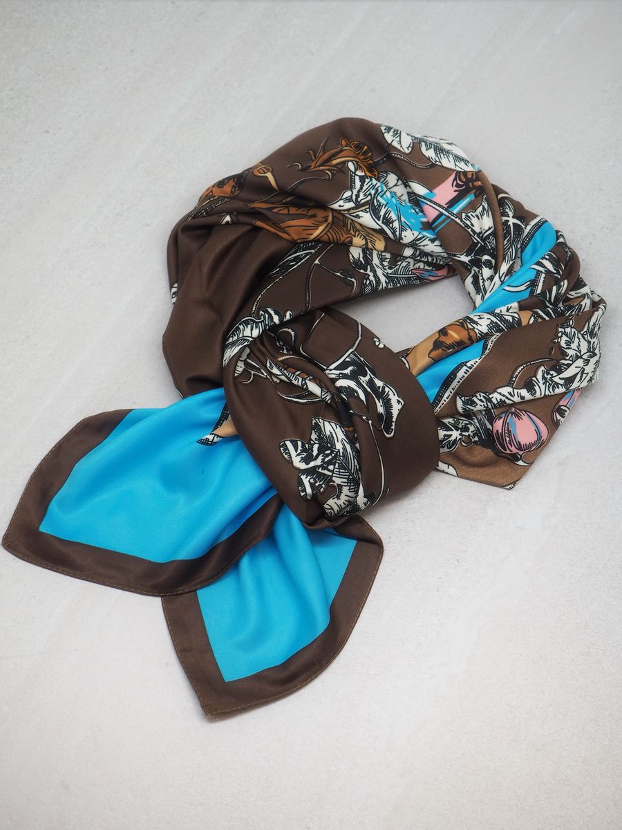 Stort skjerf i silkeblanding brun og lyseblå