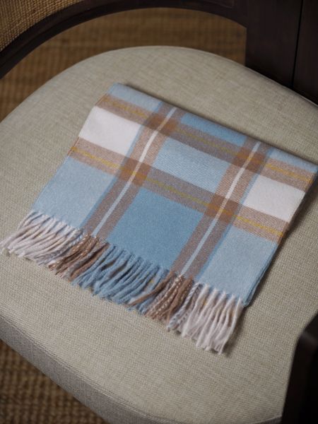 Hovedbilde Check skjerf med frynser beige og lyseblå