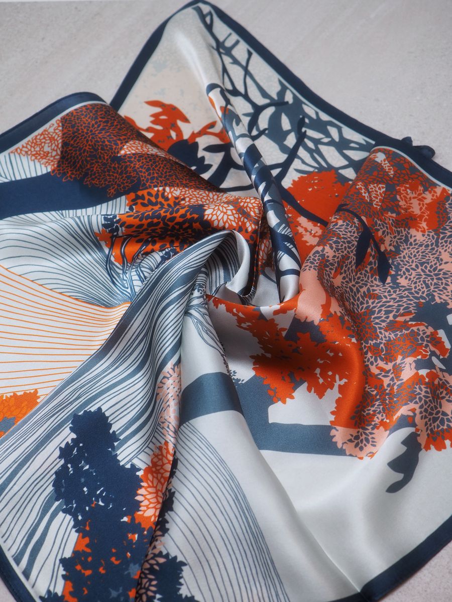 Skjerf 100% silke oransje og mørkeblå